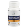 Das Bild zeigt eine weiße Plastikflasche mit einem Etikett, auf dem "ADEK-VITAMINE" steht. Die Flasche ist von American Biologics und enthält 90 vegane Kapseln. Das Etikett ist blau und orange mit Informationen über Vitamin D und K.