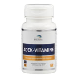Das Bild zeigt eine weiße Plastikflasche mit einem Etikett, auf dem "ADEK-VITAMINE" steht. Die Flasche ist von American Biologics und enthält 90 vegane Kapseln. Das Etikett ist blau und orange mit Informationen über Vitamin D und K.