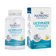 Flasche und Verpackung von Nordic Naturals Ultimate Omega Fischöl mit Zitronengeschmack. 120 Softgels, 1280 mg Omega-3 pro 2 Softgels.
