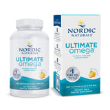 Flasche und Verpackung von Nordic Naturals Ultimate Omega Fischöl mit Zitronengeschmack. 120 Softgels, 1280 mg Omega-3 pro 2 Softgels.