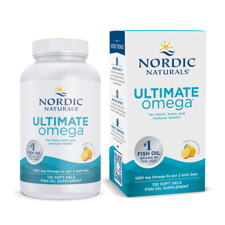 Flasche und Verpackung von Nordic Naturals Ultimate Omega Fischöl mit Zitronengeschmack. 120 Softgels, 1280 mg Omega-3 pro 2 Softgels.