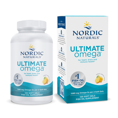 Flasche und Verpackung von Nordic Naturals Ultimate Omega Fischöl mit Zitronengeschmack. 120 Softgels, 1280 mg Omega-3 pro 2 Softgels.