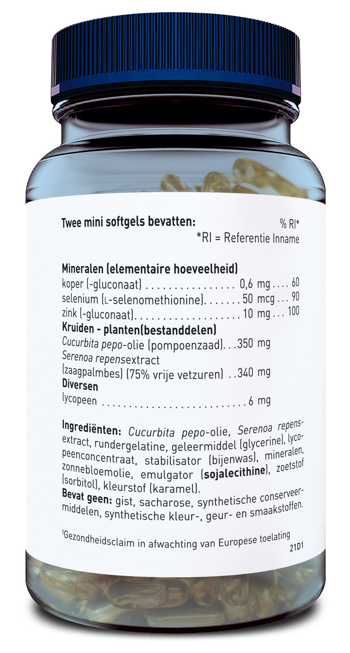 Eine transparente Plastikflasche mit blauem Deckel, die mit gelblichen Softgel-Kapseln gefüllt ist. Auf dem weißen Etikett sind Inhaltsstoffe wie Kupfer, Selen und Kürbiskernöl aufgelistet. Die Beschriftung ist in niederländischer Sprache.