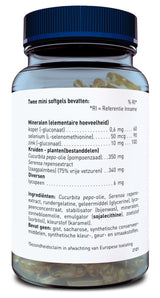 Eine transparente Plastikflasche mit blauem Deckel, die mit gelblichen Softgel-Kapseln gefüllt ist. Auf dem weißen Etikett sind Inhaltsstoffe wie Kupfer, Selen und Kürbiskernöl aufgelistet. Die Beschriftung ist in niederländischer Sprache.