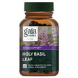 Das Bild zeigt eine Flasche mit Nahrungsergänzungsmitteln der Marke Gaia Herbs. Auf dem Etikett steht 'Holy Basil Leaf', 'Stress Support' und 'Vegan Liquid Phyto-Caps'. Die Flasche ist braun mit einem grünen Deckel und zeigt ein Bild von Basilikum.