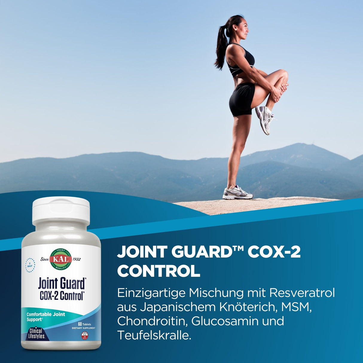 Frau in Sportkleidung dehnt sich auf einem Felsen. Unten links eine Packung 'Joint Guard'. Text beschreibt Inhaltsstoffe und Nutzen des Produkts.