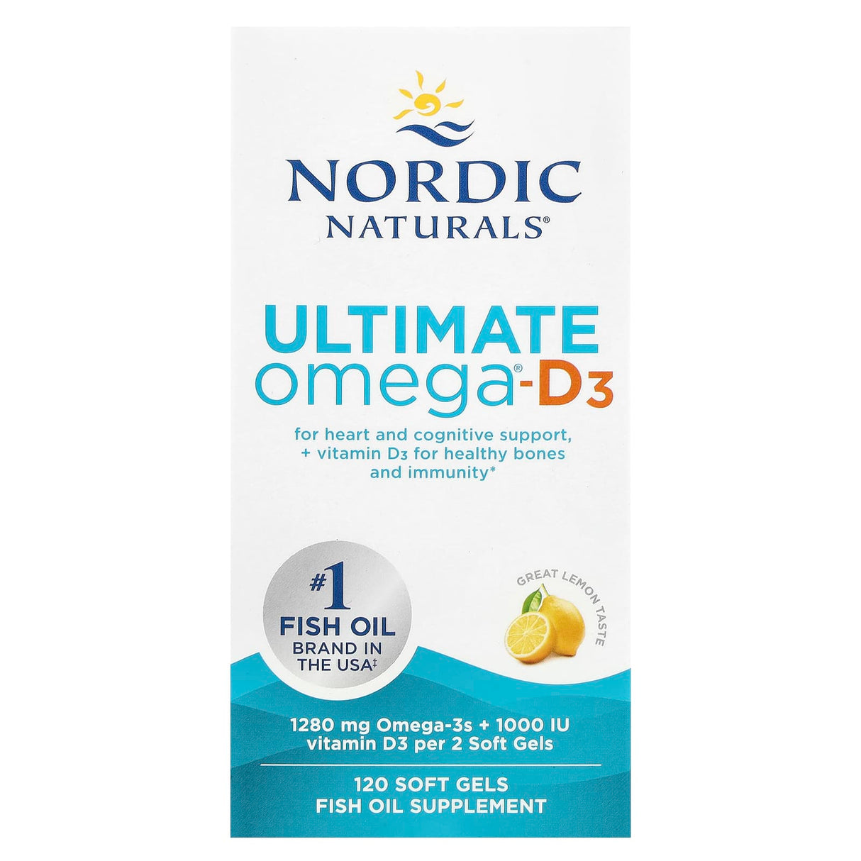 Verpackung von Nordic Naturals Ultimate Omega-D3, Fischöl mit Omega-3 und Vitamin D3, 120 Softgels, Zitronengeschmack.