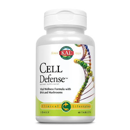Eine weiße Plastikflasche mit der Aufschrift 'Cell Defense', einem Nahrungsergänzungsmittel von KAL. Auf dem Etikett steht 'Vital Wellness Formula with RNA and Mushrooms'. Die Flasche enthält 60 Tabletten und ist für die tägliche Einnahme von 3 Tabletten vorgesehen. Das Etikett zeigt eine grafische Darstellung einer DNA-Helix.