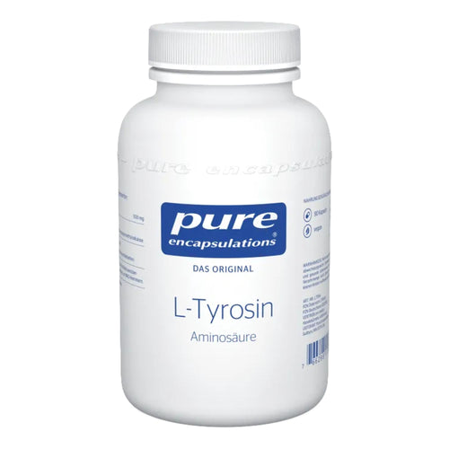 Eine weiße Plastikdose mit der Aufschrift 'pure encapsulations L-Tyrosin Aminosäure'. Die Dose ist aufrecht stehend auf einem weißen Hintergrund zu sehen. Auf dem Etikett sind weitere Informationen wie 'DAS ORIGINAL', '90 Kapseln', 'vegan' und ein Barcode abgedruckt. Die Schrift ist überwiegend in Blau gehalten.