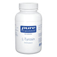 Eine weiße Plastikdose mit der Aufschrift 'pure encapsulations L-Tyrosin Aminosäure'. Die Dose ist aufrecht stehend auf einem weißen Hintergrund zu sehen. Auf dem Etikett sind weitere Informationen wie 'DAS ORIGINAL', '90 Kapseln', 'vegan' und ein Barcode abgedruckt. Die Schrift ist überwiegend in Blau gehalten.