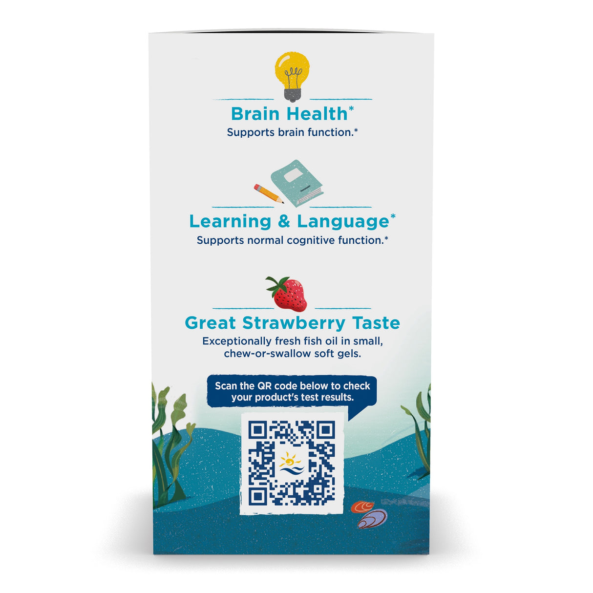 Verpackung mit Text zu Gehirngesundheit, Lernen & Sprache, Erdbeergeschmack und QR-Code. Enthält Fischöl-Softgels.