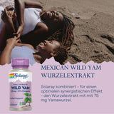 Zwei Frauen liegen lachend auf einem Sandstrand. Im Vordergrund ist eine Flasche Solaray Wild Yam Wurzelextrakt abgebildet. Der Text beschreibt die Vorteile des Produkts, das 275 mg Wild Yam mit 10% Diosgenin enthält.