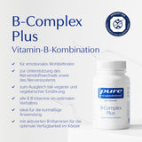 Das Bild zeigt ein Produktfoto von "B-Complex Plus", einer Vitamin-B-Kombination von Pure Encapsulations. Auf der linken Seite steht der Produktname in blauer Schrift, darunter sind Vorteile des Produkts aufgelistet, wie Unterstützung des Nervensystems und Ausgleich bei veganer Ernährung. Rechts ist eine weiße Flasche mit blauer Aufschrift zu sehen. Oben rechts befindet sich ein Siegel mit der Aufschrift "Kölner Liste".