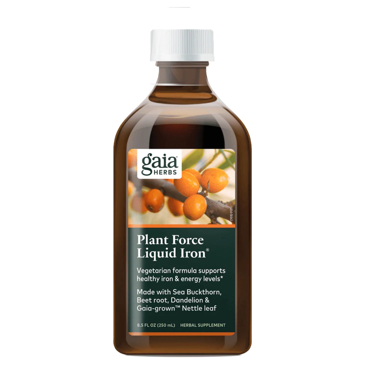 Eine braune Flasche mit weißem Schraubverschluss und einem Etikett, auf dem „Gaia Herbs Plant Force Liquid Iron“ steht. Das Etikett zeigt ein Bild von Sanddornbeeren. Die Flasche enthält ein pflanzliches Eisenpräparat zur Unterstützung gesunder Eisen- und Energielevel.