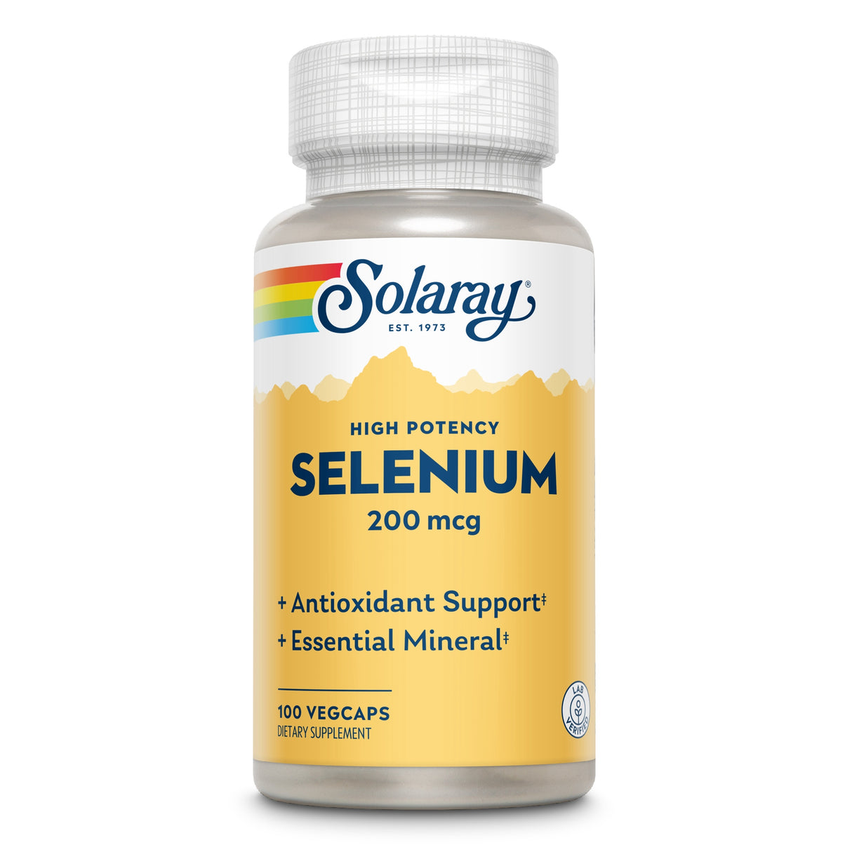 Eine Flasche mit dem Etikett 'Solaray High Potency Selenium 200 mcg'. Die Flasche ist gelb und weiß mit einem Regenbogen-Logo oben. Sie enthält 100 VegCaps und bietet antioxidativen Schutz sowie essentielle Mineralien.