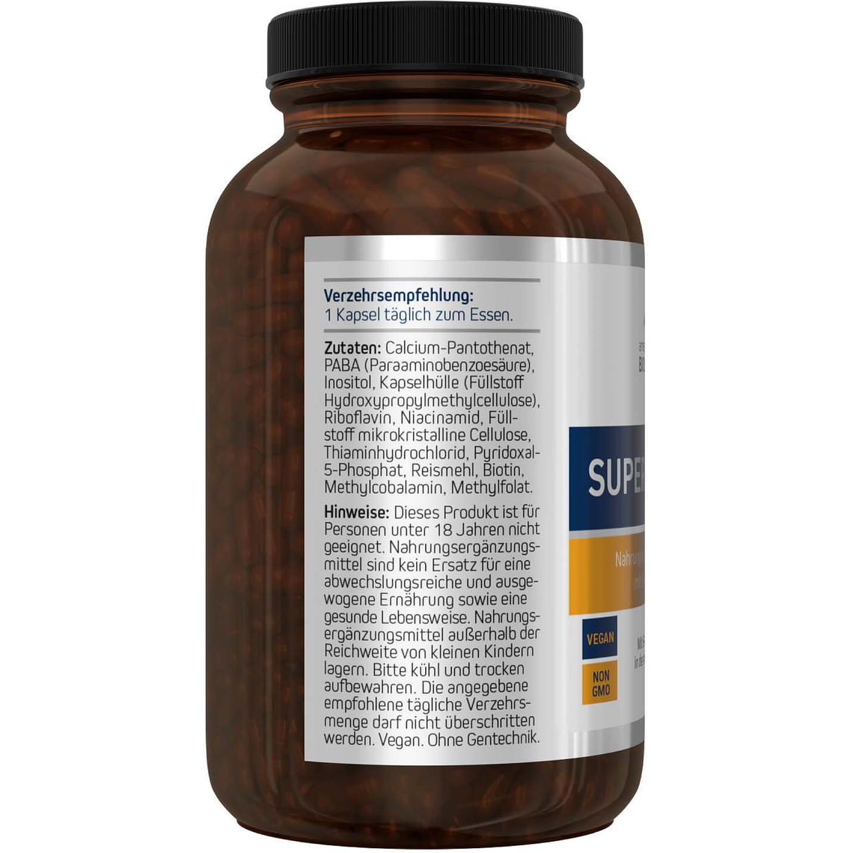 Flasche mit Nahrungsergänzungsmittel 'SUPER B CAPS' von American Biologics. Enthält 90 vegane, nicht-GMO Kapseln mit aktiven B-Vitaminen.