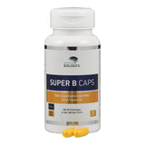 Flasche mit Nahrungsergänzungsmittel 'SUPER B CAPS' von American Biologics. Enthält 90 vegane, nicht-GMO Kapseln mit aktiven B-Vitaminen.