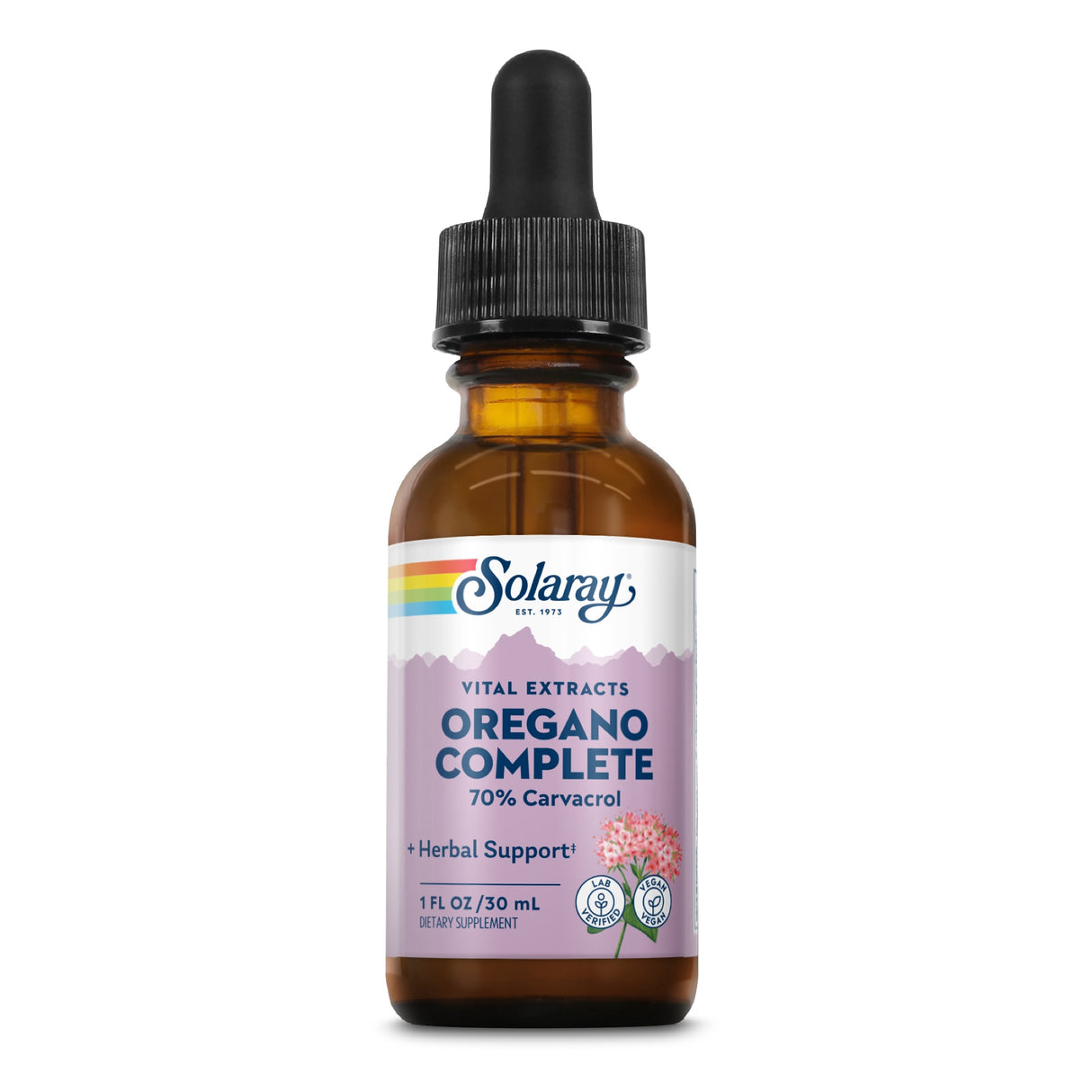 Braune Tropfflasche mit schwarzem Deckel. Etikett: Solaray Oregano Complete, 70% Carvacrol, 1 FL OZ/30 mL.