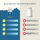 Das Bild zeigt einen Vergleich zwischen zwei Nahrungsergänzungsmitteln. Links ist eine Flasche von Solaray mit 100 mg DHA aus Algenöl, vegan und laborgeprüft, mit einer Vorrat für 2 Monate und Qualität seit 1973. Rechts ist eine anonyme Flasche mit negativen Merkmalen wie niedrige Dosierungen und ungeprüfte Qualität.