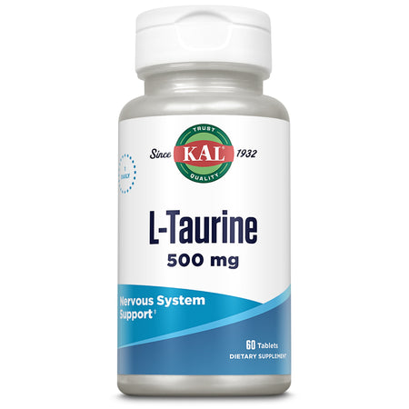 Eine Plastikflasche mit weißem Schraubverschluss, auf der Vorderseite steht "KAL L-Taurine 500 mg". Darunter der Hinweis "Nervous System Support" und dass die Flasche 60 Tabletten enthält. Das Etikett ist hauptsächlich weiß und blau.