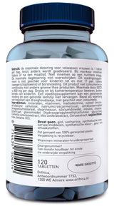 Eine blaue Kunststoffflasche mit Schraubverschluss enthält 120 Tabletten. Das Etikett ist in niederländischer Sprache und gibt Gebrauchsanweisungen, Inhaltsstoffe und Herstellerinformationen an. Die Flasche ist aus 100 % recyceltem Plastik. Hersteller ist Orthica, mit Sitz in Almere, Niederlande.