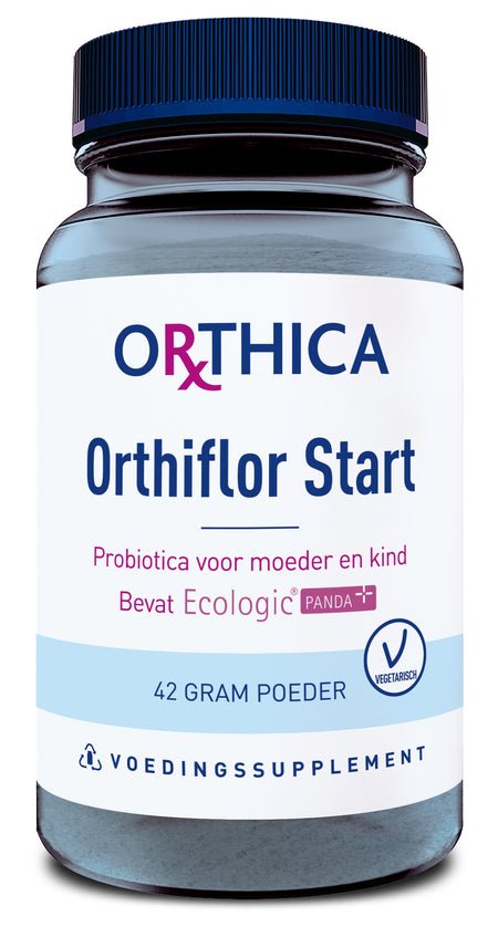 Das Bild zeigt eine blaue Plastikflasche mit einem schwarzen Deckel. Auf dem Etikett steht 'Orthica Orthiflor Start', ein Probiotikum für Mutter und Kind. Es enthält Ecologic Panda und ist vegetarisch. Das Gewicht beträgt 42 Gramm.