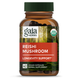 Das Bild zeigt eine braune Flasche mit einem grünen Deckel. Auf der Flasche steht 'gaia HERBS Reishi Mushroom Longevity Support'. Die Flasche enthält 40 vegane Kapseln eines pflanzlichen Nahrungsergänzungsmittels. Das Etikett zeigt ein Waldbild und ein USDA Organic-Siegel.