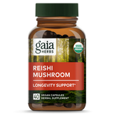 Das Bild zeigt eine braune Flasche mit einem grünen Deckel. Auf der Flasche steht 'gaia HERBS Reishi Mushroom Longevity Support'. Die Flasche enthält 40 vegane Kapseln eines pflanzlichen Nahrungsergänzungsmittels. Das Etikett zeigt ein Waldbild und ein USDA Organic-Siegel.