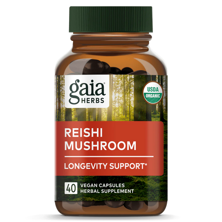 Das Bild zeigt eine braune Flasche mit einem grünen Deckel. Auf der Flasche steht 'gaia HERBS Reishi Mushroom Longevity Support'. Die Flasche enthält 40 vegane Kapseln eines pflanzlichen Nahrungsergänzungsmittels. Das Etikett zeigt ein Waldbild und ein USDA Organic-Siegel.