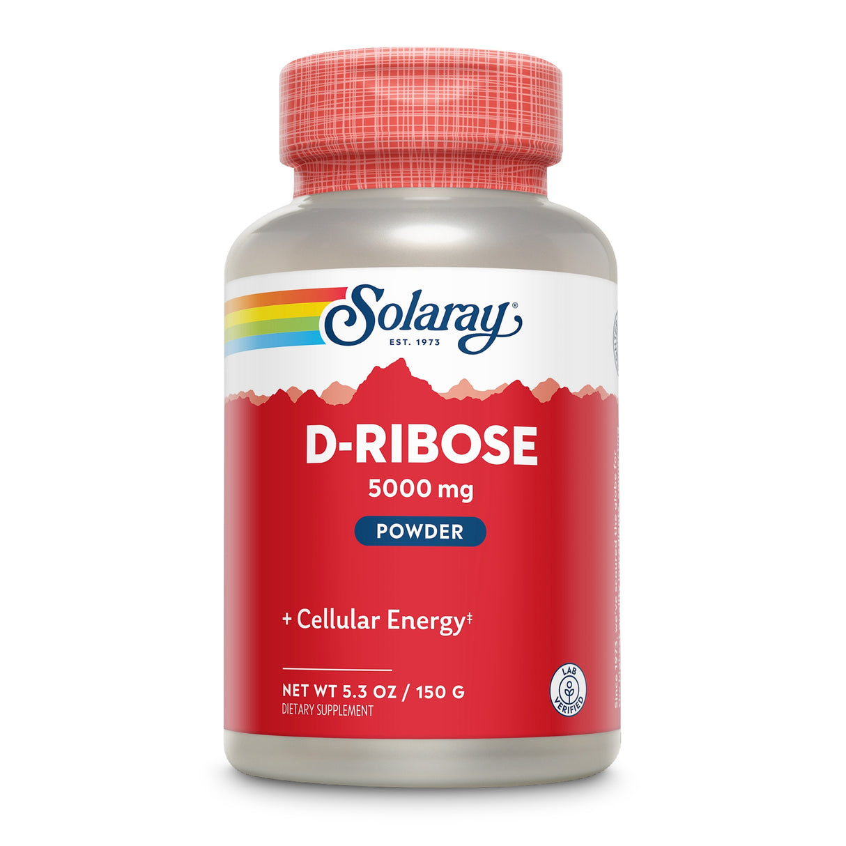 Das Bild zeigt eine Dose des Nahrungsergänzungsmittels Solaray D-Ribose. Die Dose ist rot und weiß, mit der Aufschrift 'D-RIBOSE 5000 mg POWDER'. Sie enthält 150 g des Pulvers, das zur Unterstützung der zellulären Energie dient.
