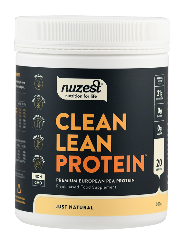 Behälter mit Nuzest Clean Lean Protein, 500g, vegan, glutenfrei, laktosefrei, sojafrei, gentechnikfrei. Geschmack: Just Natural.