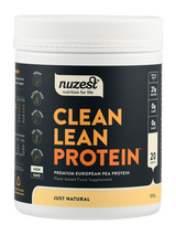 Behälter mit Nuzest Clean Lean Protein, 500g, vegan, glutenfrei, laktosefrei, sojafrei, gentechnikfrei. Geschmack: Just Natural.