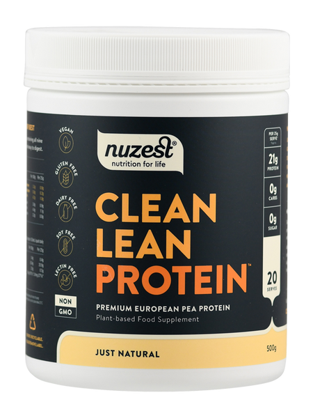 Behälter mit Nuzest Clean Lean Protein, 500g, vegan, glutenfrei, laktosefrei, sojafrei, gentechnikfrei. Geschmack: Just Natural.