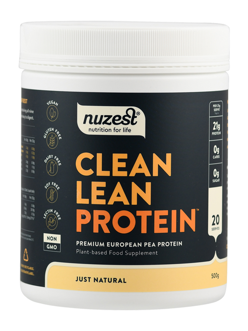 Behälter mit Nuzest Clean Lean Protein, 500g, vegan, glutenfrei, laktosefrei, sojafrei, gentechnikfrei. Geschmack: Just Natural.