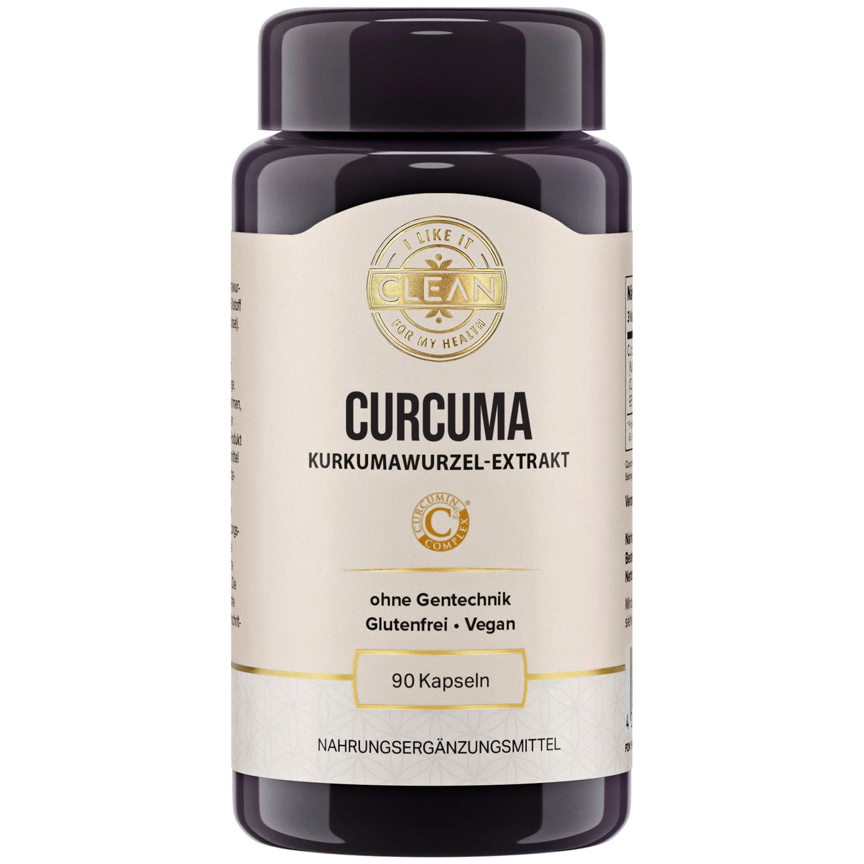 Das Bild zeigt ein Nahrungsergänzungsmittel namens "I LIKE IT CLEAN CURCUMIN" in einer schwarzen Flasche. Im Hintergrund sind Kurkumapulver und -wurzeln zu sehen. Auf der Flasche steht: "Kurkuma Wurzel-Extrakt, ohne Gentechnik, glutenfrei, vegan, 90 Kapseln". Daneben befinden sich Symbole und Texte, die auf die Eigenschaften des Produkts hinweisen: 100 % vegan, glutenfreie Formel, garantiert ohne Gentechnik, unabhängig laborgeprüft. Im Hintergrund ist eine Schale mit Kurkumapulver zu sehen.