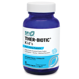 Eine blaue Flasche mit weißem Etikett, auf dem "THER-BIOTIC Kid's" steht. Es handelt sich um ein tägliches Probiotikum für Kinder ab 2 Jahren mit Kirschgeschmack. Enthält 8 probiotische Stämme und 25 Milliarden CFU.