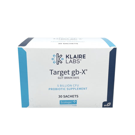 Das Bild zeigt eine rechteckige, weiße Verpackung mit blauen Akzenten von Klaire Labs. Auf der Vorderseite steht "Target gb-X" und "Gut Brain Axis". Es sind 30 Sachets enthalten. Unten steht "5 Billion CFU Probiotic Supplement" und "Ecologic+ inside".