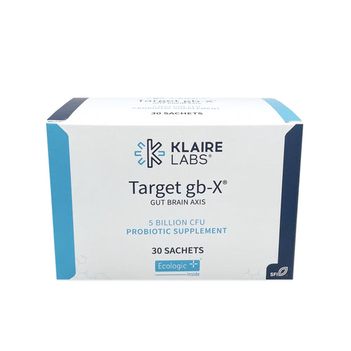 Das Bild zeigt eine rechteckige, weiße Verpackung mit blauen Akzenten von Klaire Labs. Auf der Vorderseite steht "Target gb-X" und "Gut Brain Axis". Es sind 30 Sachets enthalten. Unten steht "5 Billion CFU Probiotic Supplement" und "Ecologic+ inside".