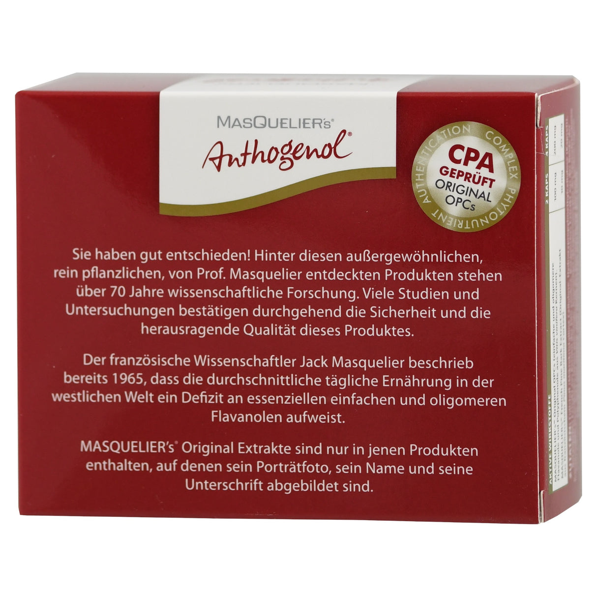 Rote Verpackung von Masquelier's Anthogenol mit Text über die Qualität und Geschichte des Produkts. CPA-Siegel auf der rechten Seite.