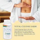 Eine Person in einem weißen Bademantel zeigt auf ihren Bauch. Daneben steht eine Flasche 'Solaray Total Cleanse Colon' Nahrungsergänzungsmittel. Der Text beschreibt die Inhaltsstoffe des Produkts wie Rotulme, Katzenkralle und Aloe Vera Gel.