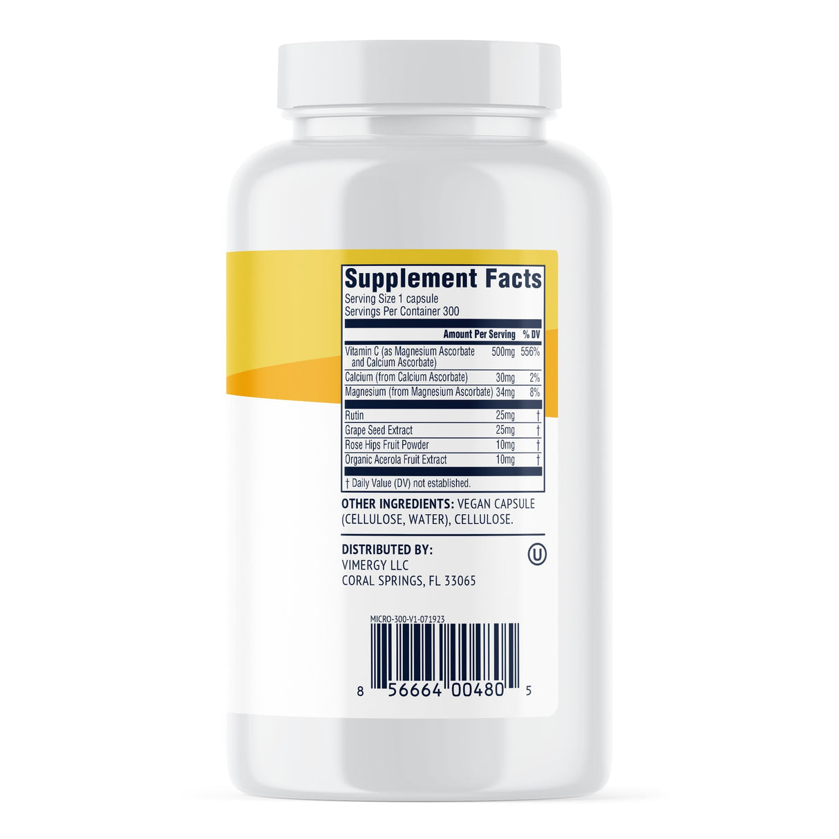Das Bild zeigt eine weiße Plastikflasche mit einem Etikett, das die Nährwertangaben eines Nahrungsergänzungsmittels enthält. Die Inhaltsstoffe umfassen Vitamin C, Calcium, Magnesium und verschiedene pflanzliche Extrakte. Die Flasche hat einen Barcode und ist von Vimergy LLC vertrieben.