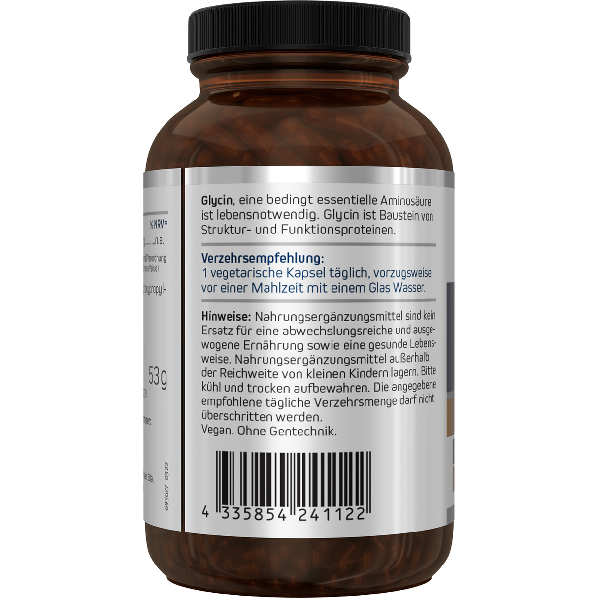 Eine weiße Plastikflasche mit einem Etikett, auf dem "Glycin 500 mg" steht. Darunter ist "Nahrungsergänzungsmittel mit Glycin" zu lesen. Die Flasche hat einen weißen Deckel und enthält 90 Kapseln. Vor der Flasche liegen einige Kapseln. Das Etikett enthält auch Informationen wie "Vegan" und "Non-GMO".