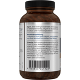 Eine weiße Plastikflasche mit einem Etikett, auf dem "Glycin 500 mg" steht. Darunter ist "Nahrungsergänzungsmittel mit Glycin" zu lesen. Die Flasche hat einen weißen Deckel und enthält 90 Kapseln. Vor der Flasche liegen einige Kapseln. Das Etikett enthält auch Informationen wie "Vegan" und "Non-GMO".