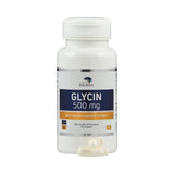 Eine weiße Plastikflasche mit einem Etikett, auf dem "Glycin 500 mg" steht. Darunter ist "Nahrungsergänzungsmittel mit Glycin" zu lesen. Die Flasche hat einen weißen Deckel und enthält 90 Kapseln. Vor der Flasche liegen einige Kapseln. Das Etikett enthält auch Informationen wie "Vegan" und "Non-GMO".