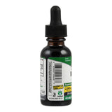 Das Bild zeigt eine dunkle Glasflasche mit einem schwarzen Tropfverschluss. Auf dem Etikett steht "Herbal Supplement" und es gibt einen Barcode sowie Hinweise wie "Gluten Free" und "Alcohol Free". Die Flasche ist vor einem weißen Hintergrund platziert.