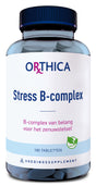 Das Bild zeigt eine Flasche mit Nahrungsergänzungsmitteln der Marke Orthica. Auf dem Etikett steht 'Stress B-complex', ein B-Vitamin-Komplex für das Nervensystem. Die Flasche enthält 180 Tabletten und ist vegan. Der Hintergrund ist neutral.