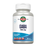 Weiße Flasche mit KAL-Logo, enthält GABA 750 mg, 90 Tabletten, unterstützt Entspannung, vegan, glutenfrei, in PCR-Flasche.