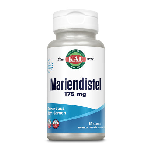 Eine Flasche mit Mariendistel-Kapseln, 175 mg, von der Marke KAL. Enthält 60 Kapseln, Nahrungsergänzungsmittel.