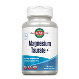 Flasche mit KAL Magnesium Taurate+ Nahrungsergänzungsmittel, 400 mg Magnesium, Coenzym B-6, 90 Tabletten.