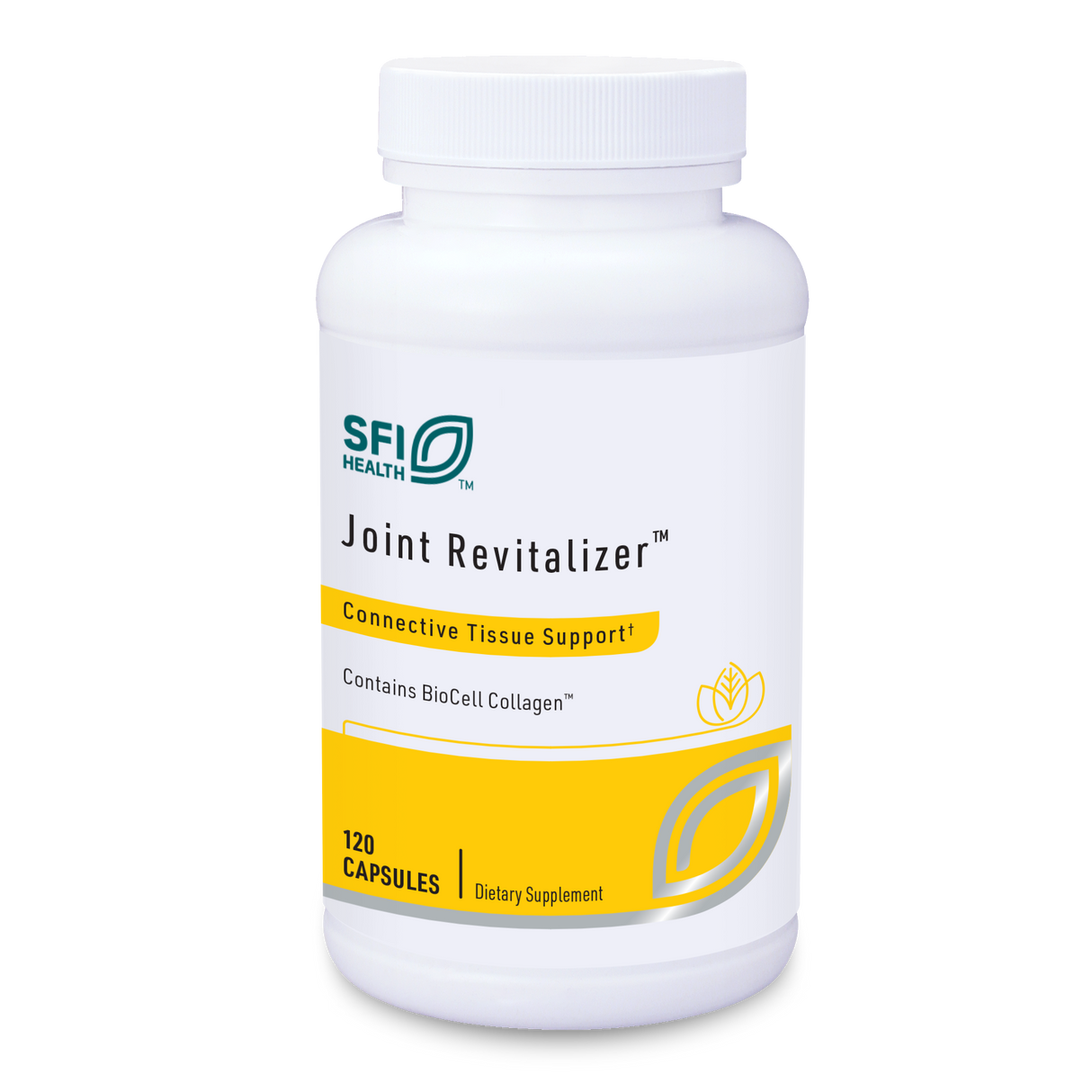Eine weiße Kunststoffflasche mit dem Aufdruck 'SFI Health Joint Revitalizer' und 'Connective Tissue Support'. Enthält 120 Kapseln. Die Flasche hat gelbe und grüne Designelemente.